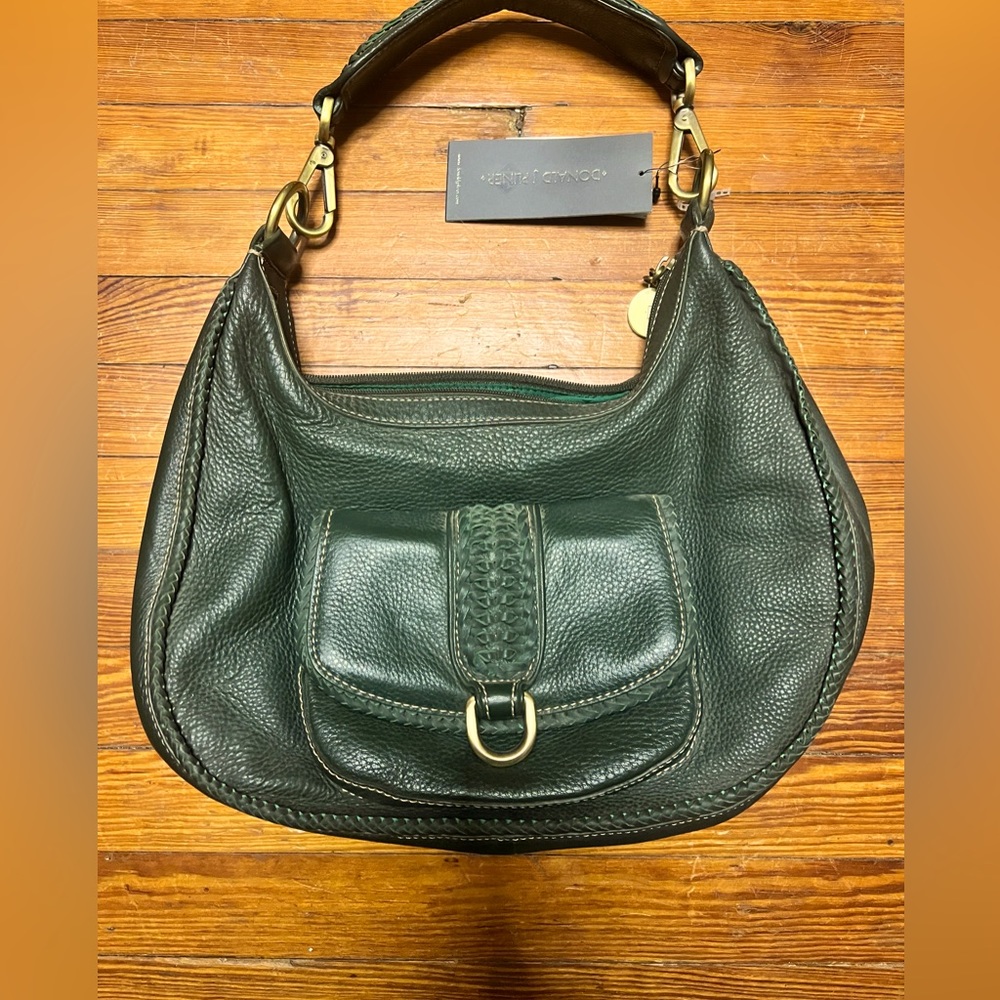 Hunter green, Donald J Piner, genuine leather shoulder bag, heavy brass hardware